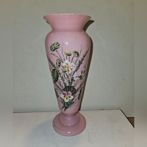 Vintage Victorian Pink Bristol Glass Vase Hand Painted Raised Enamel